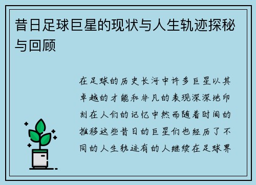 昔日足球巨星的现状与人生轨迹探秘与回顾